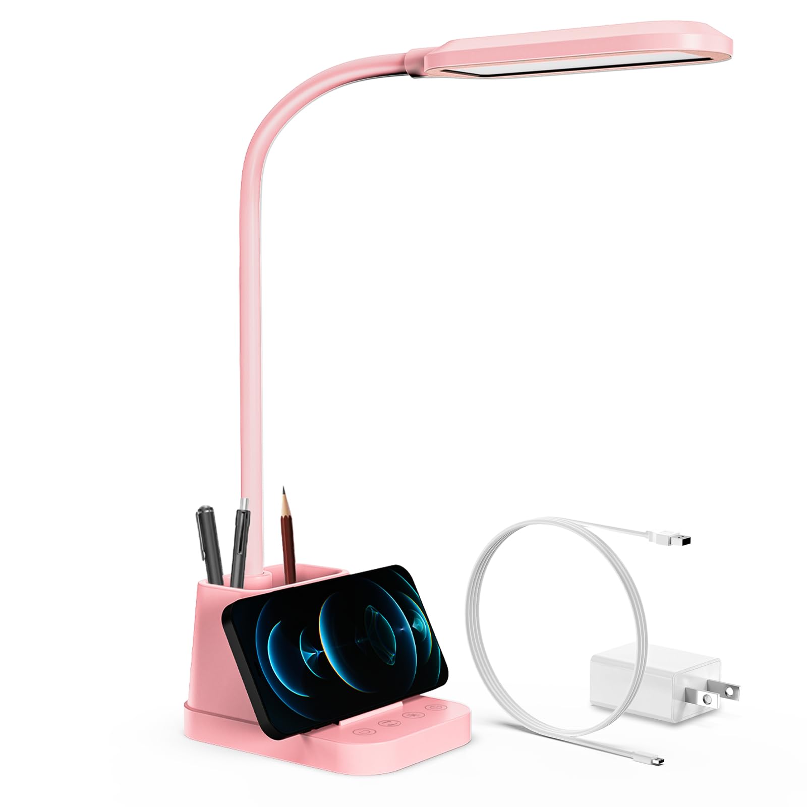 AXX pink desk lamp front view, compact study space.