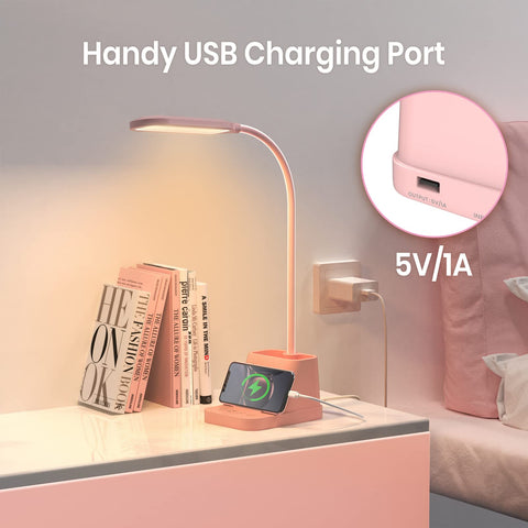 AXX pink lamp gooseneck adjusted for precise task lighting.