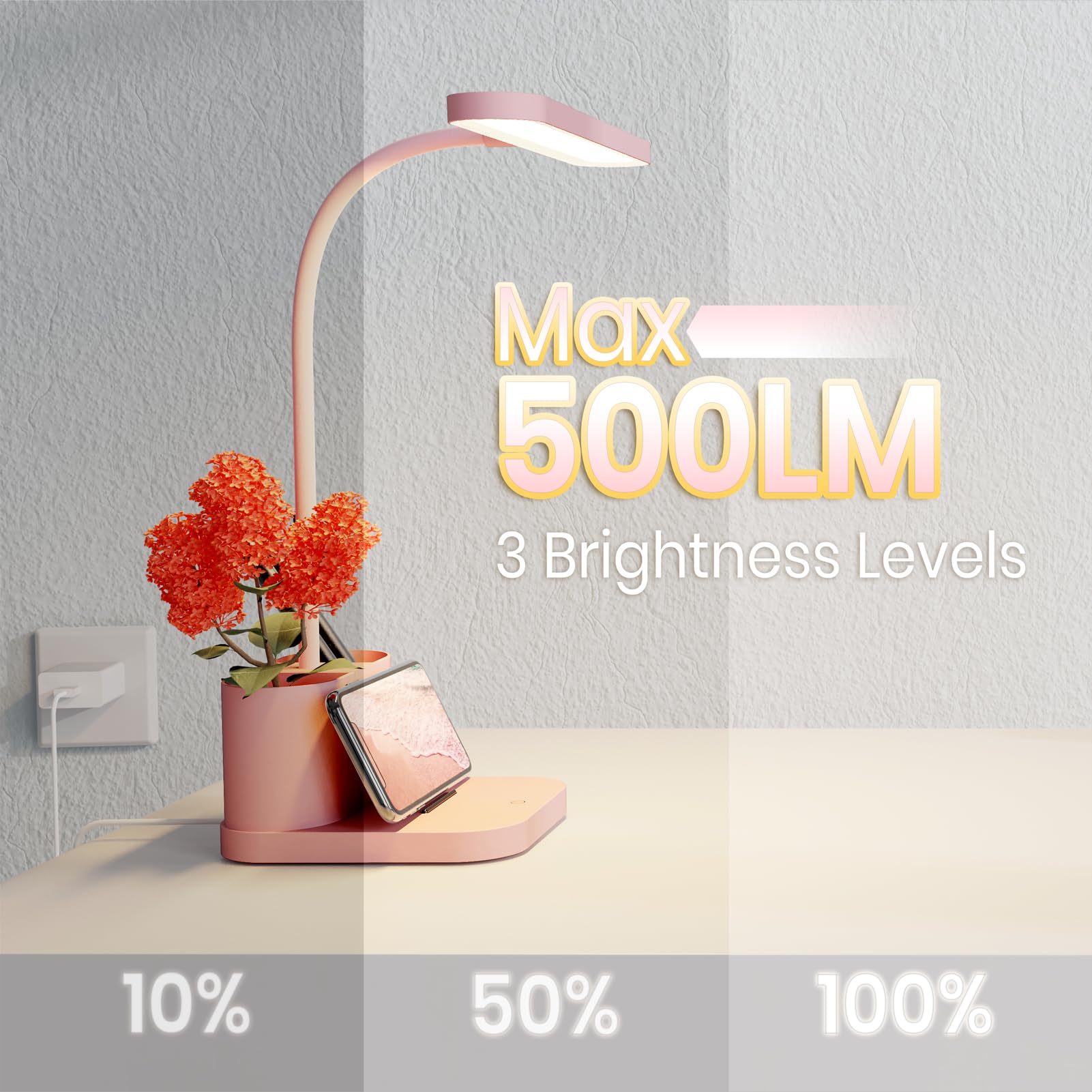 AXX Pink Desk Lamp showing touch control interface for brightness