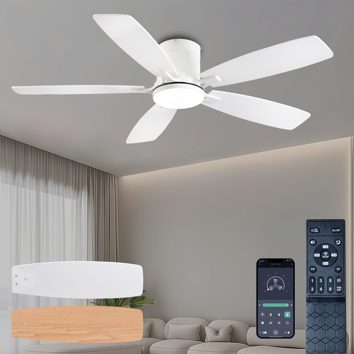 Ayaoty 52-inch ceiling fan with light, front view, stylish bedroom focal point.