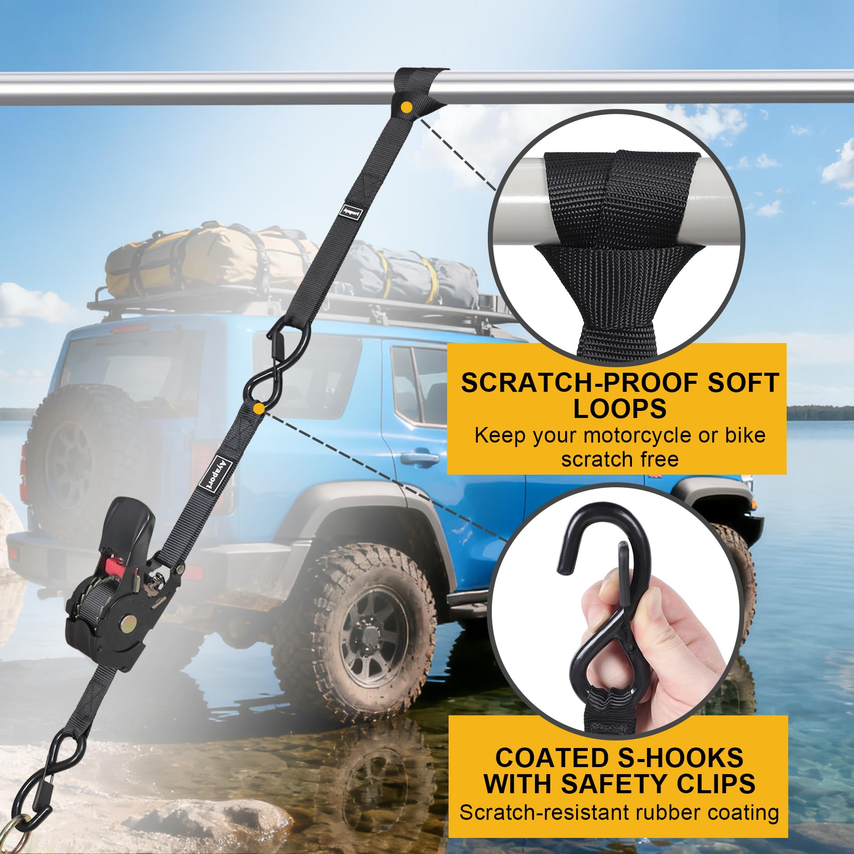 Ayaport heavy-duty ratchet mechanism delivers reliable tension for rugged loads.