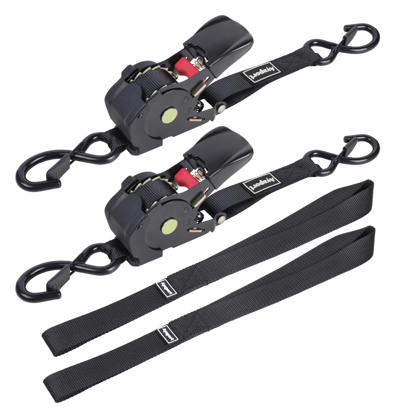 Ayaport retractable ratchet strap in use securing cargo with 1in webbing on a trailer.