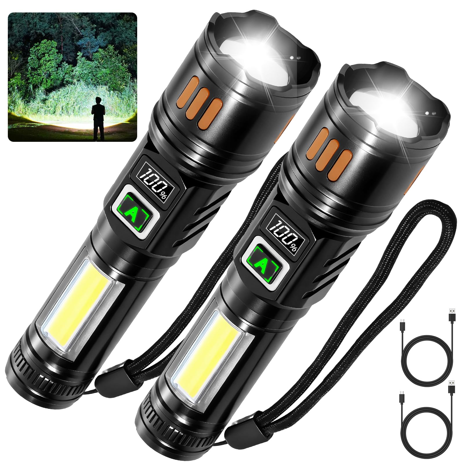 AYL Rechargeable Flashlights front view, compact two-pack for home emergencies.