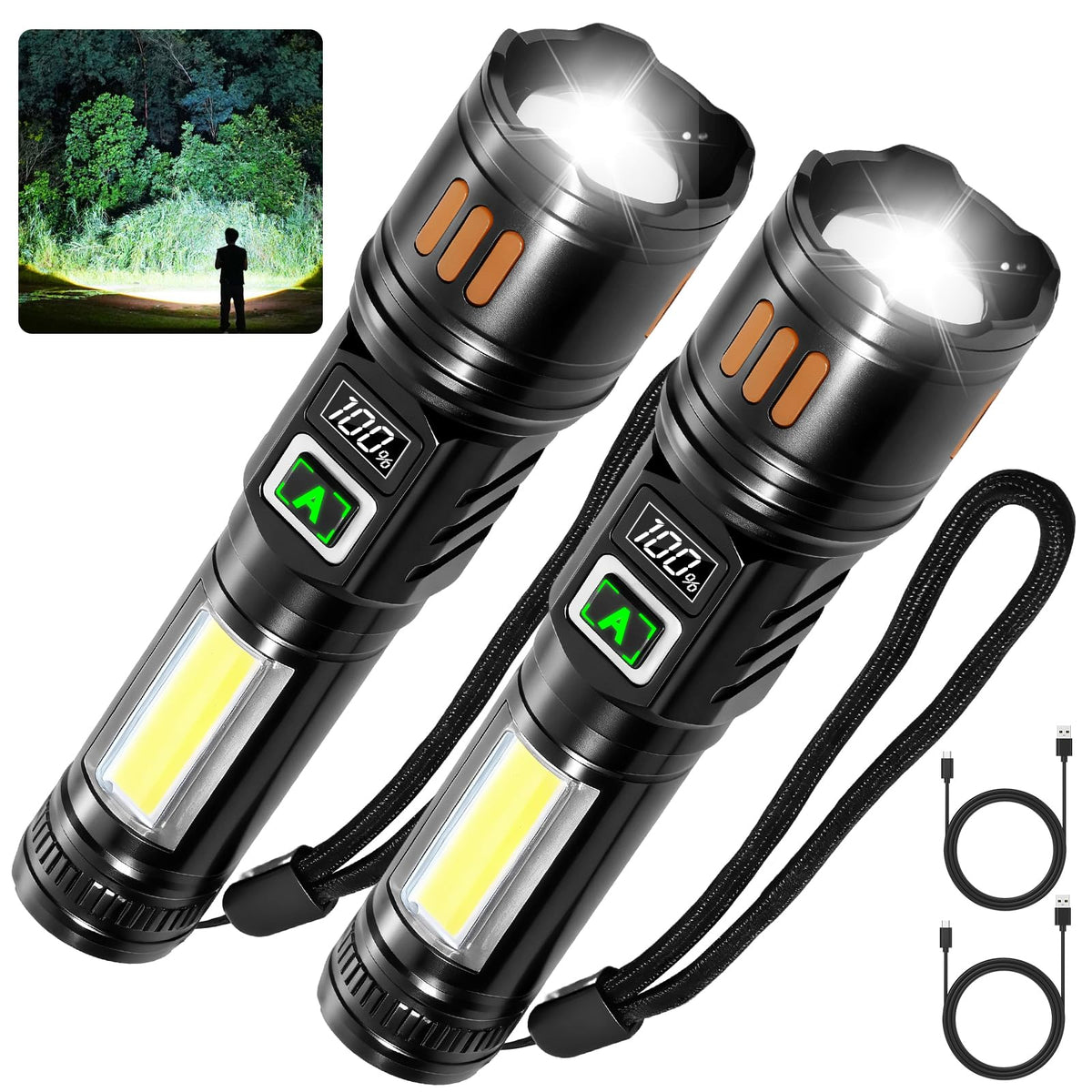 AYL Rechargeable Flashlights front view, compact two-pack for home emergencies.
