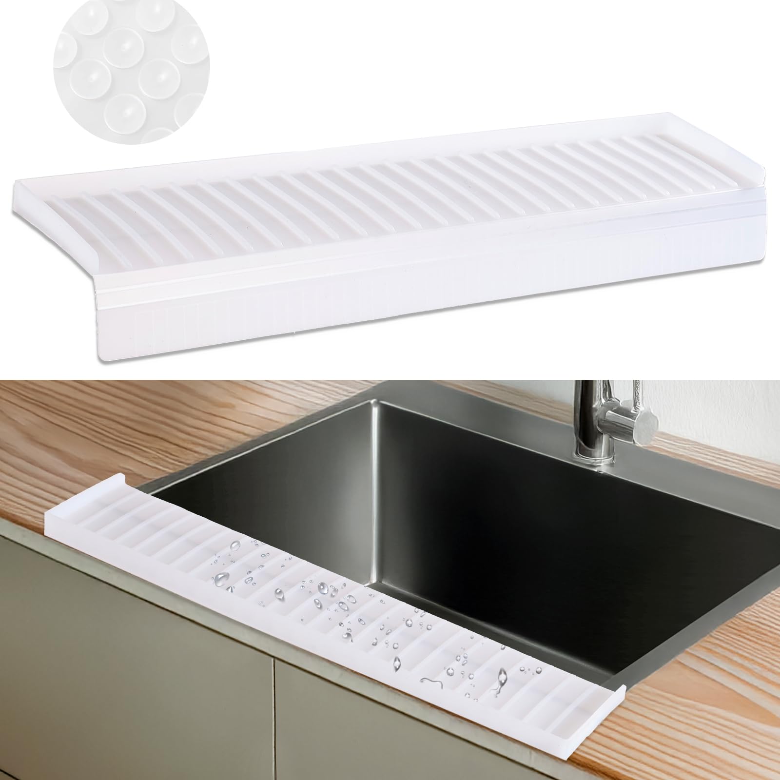 AyNirser sink edge protector with suction base stabilizes along the sink for mess-free counters.