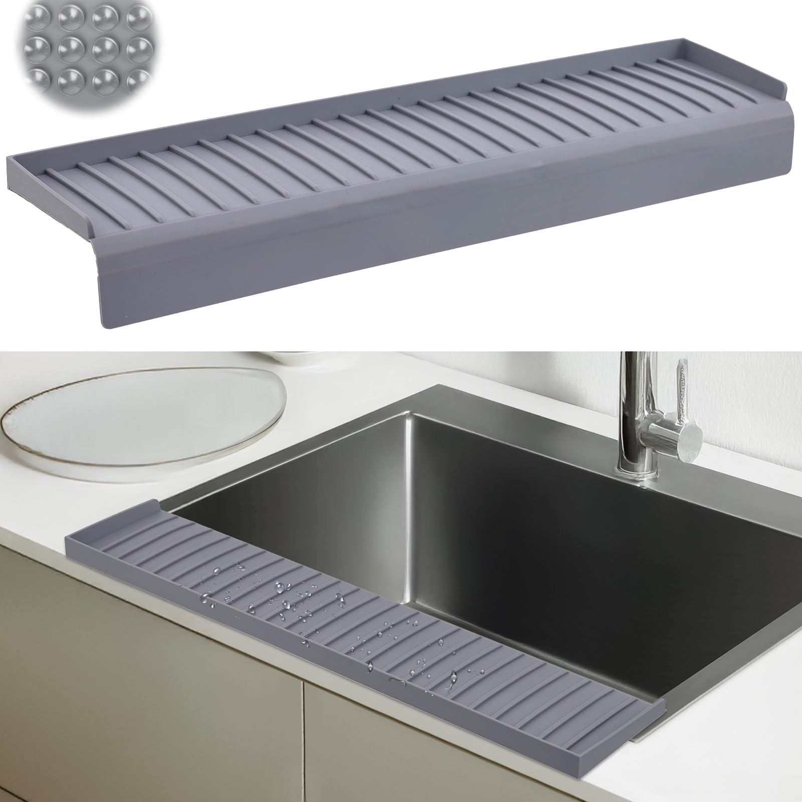 AyNirser Sink Edge Protector with suction base stabilizes along the sink edge.