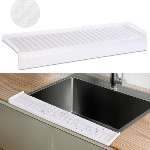AyNirser sink edge protector with suction base stabilizes along the sink for mess-free counters.
