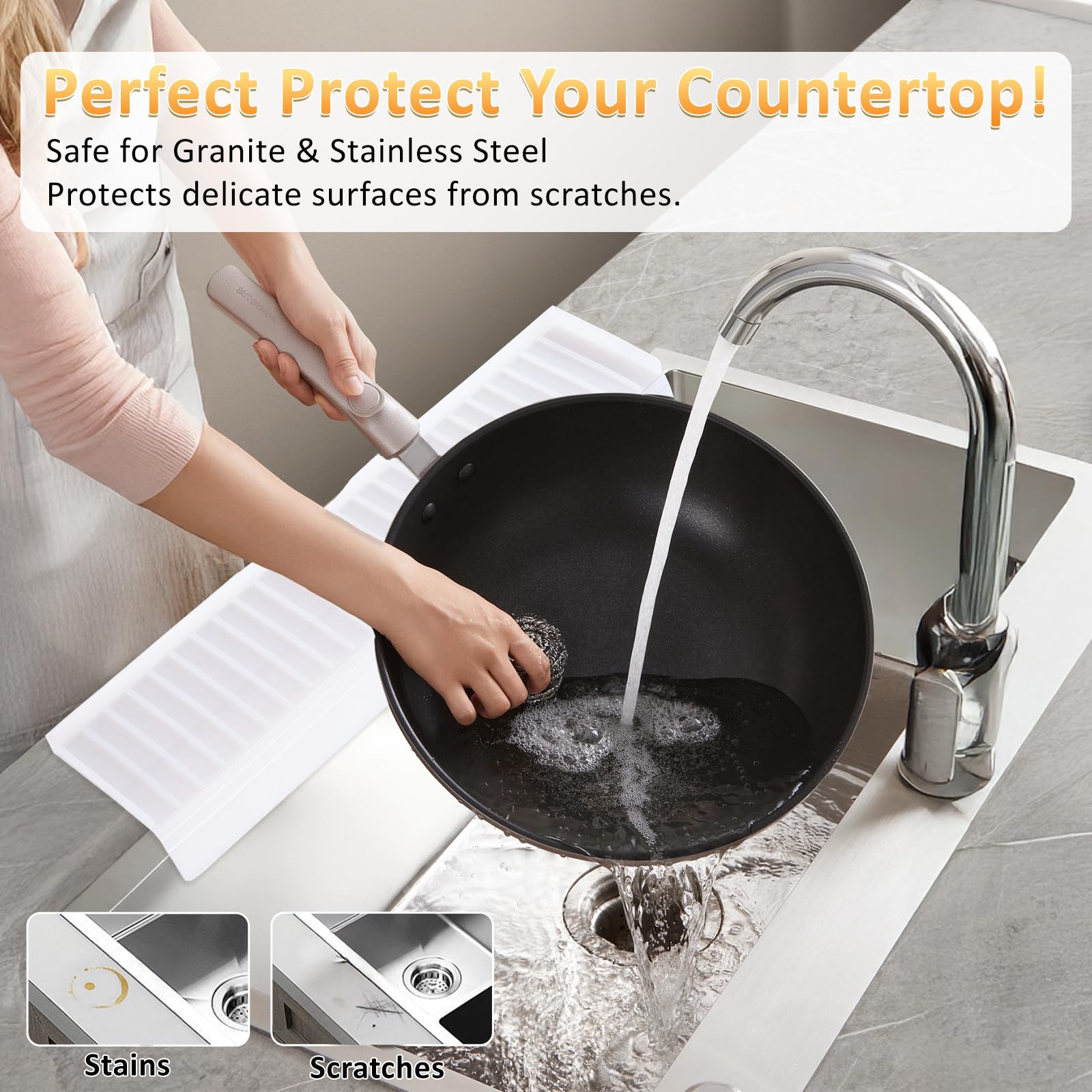 AyNirser splash guard features a raised edge and 5-degree tilt to direct water back.