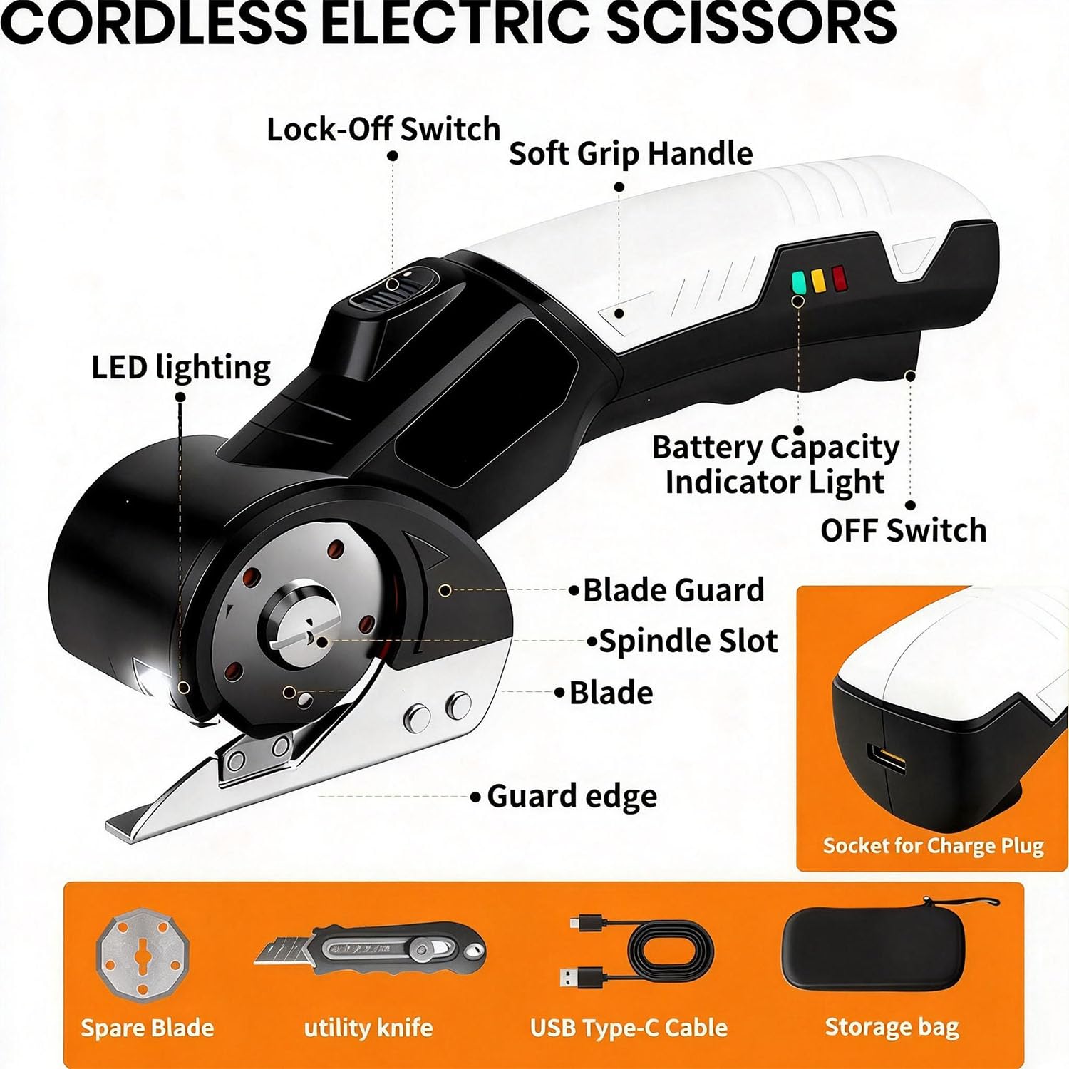 AYP cordless scissors stored safely in included storage box