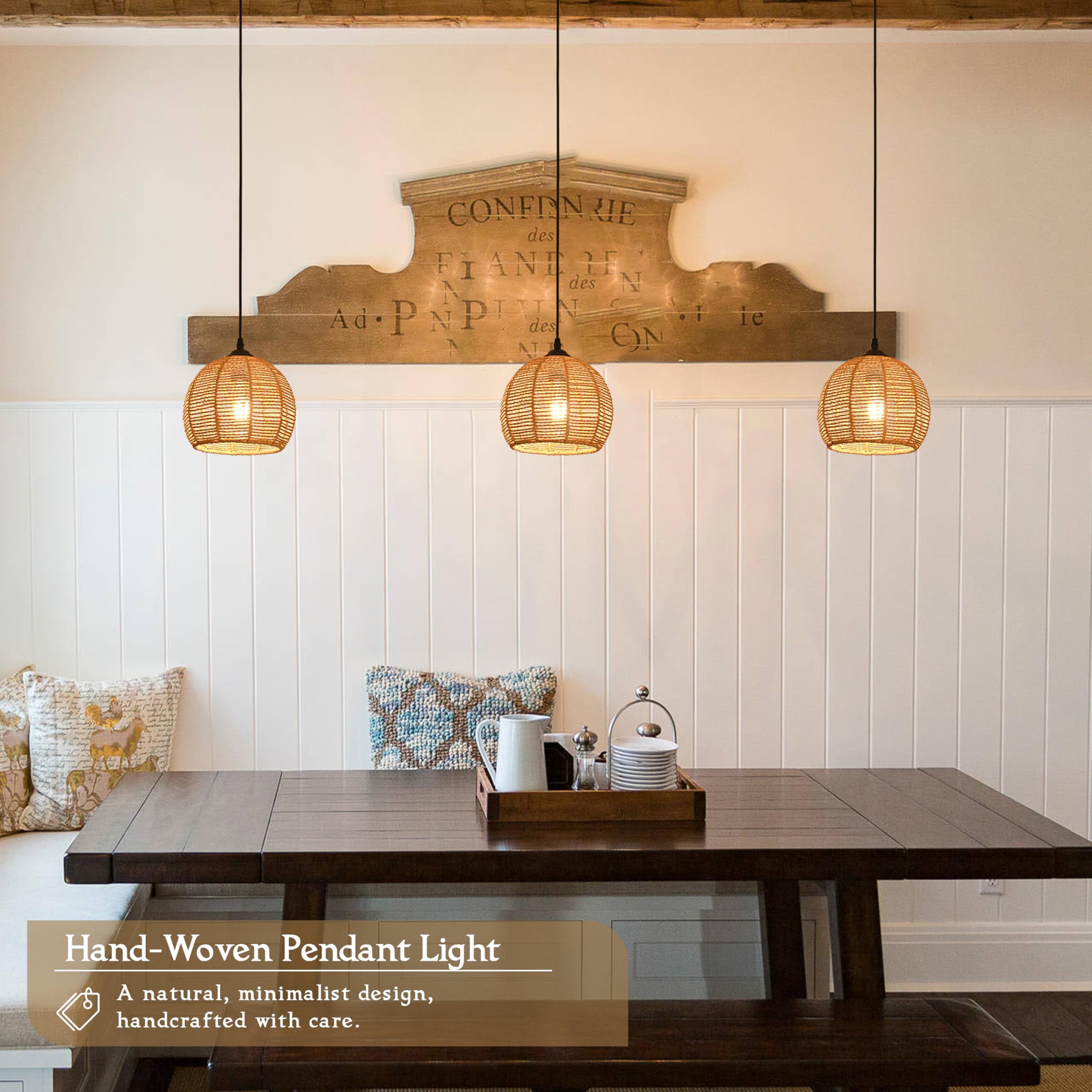 AyshwillDec natural wood-tone wicker pendant enhances cozy dining ambience.