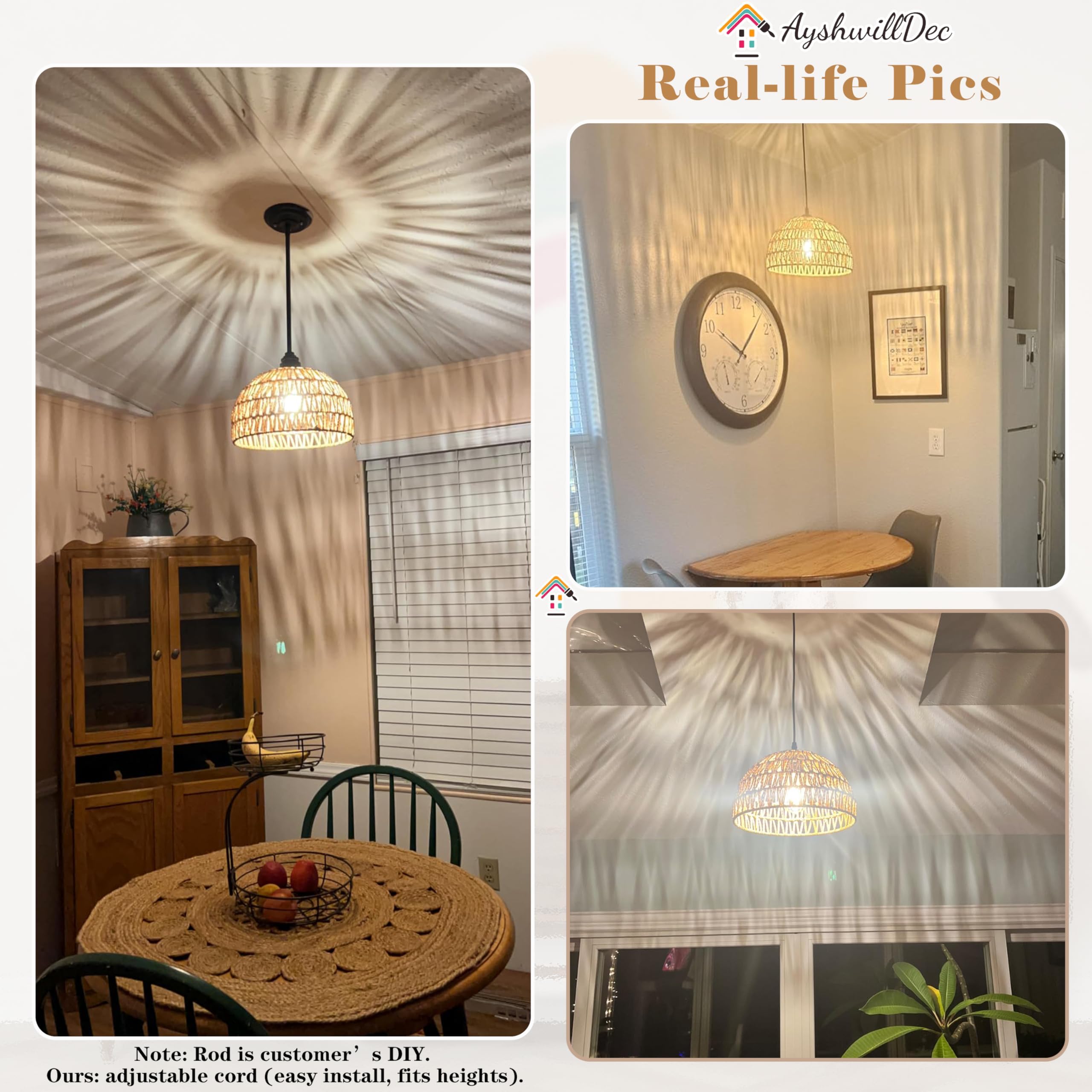 AyshwillDec rattan pendant light above kitchen island with warm glow.