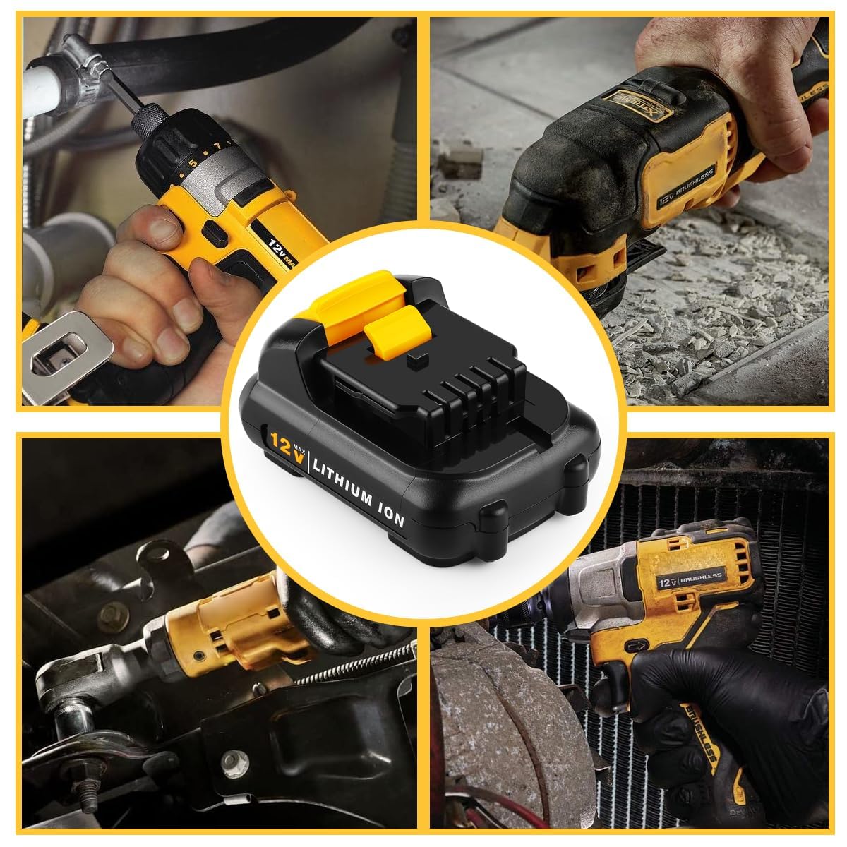 AYTXTG DCB120 in-use with DeWalt tools demonstrates steady runtime.