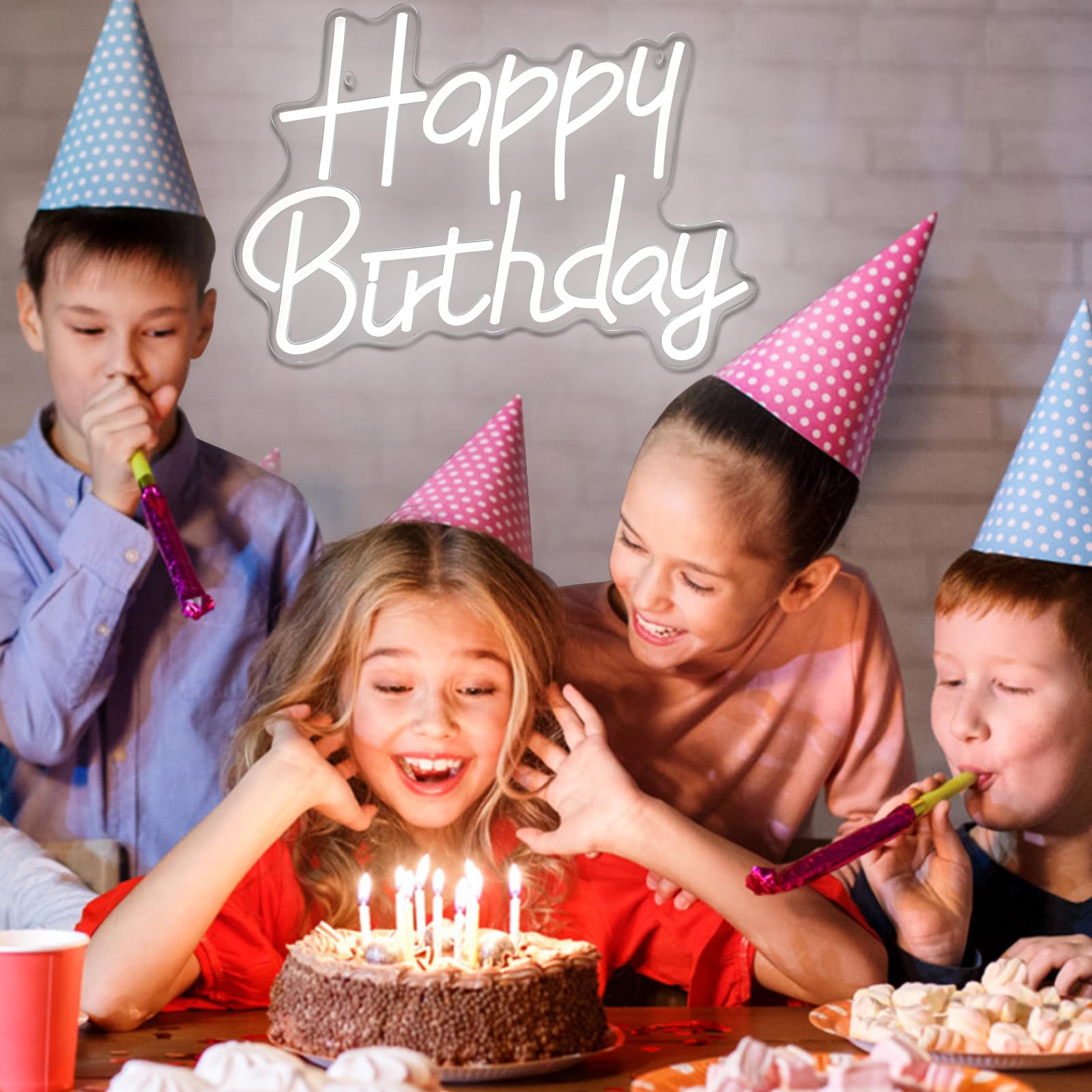 AYwYyjCh Happy Birthday neon sign closeup showing soft LED illumination and touchable tubing
