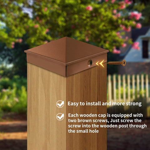 Azdele 4x4 brown pyramid post cap installed on a wooden post