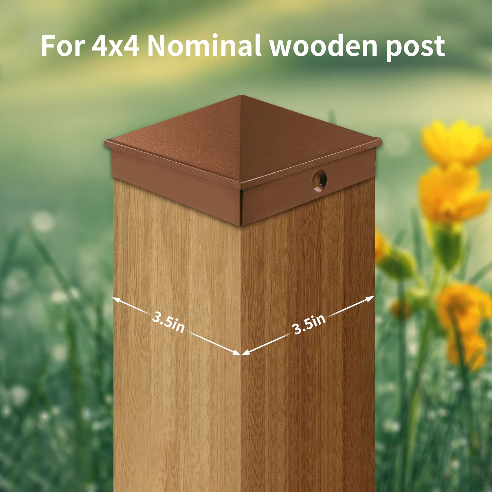 Azdele 4x4 brown pyramid post cap side view enhances outdoor posts