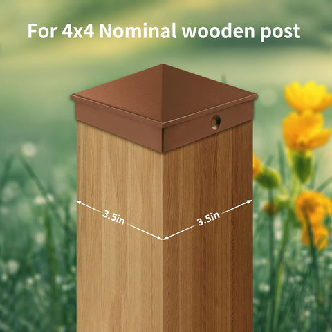 Azdele 4x4 brown pyramid post cap side view enhances outdoor posts