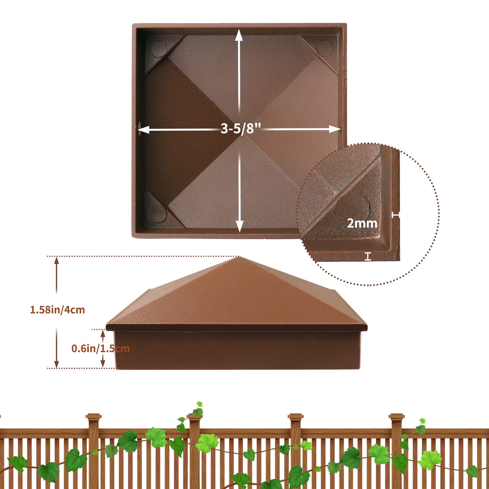 Azdele 4x4 brown pyramid post cap top view with matte coating