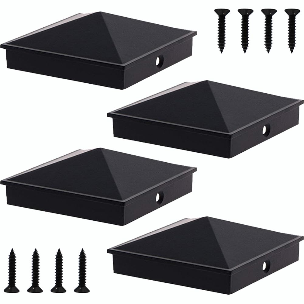 Azdele 6x6 pyramid post cap in matte black on a wooden fence post