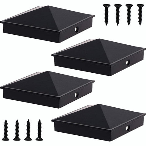 Azdele 6x6 pyramid post cap in matte black on a wooden fence post