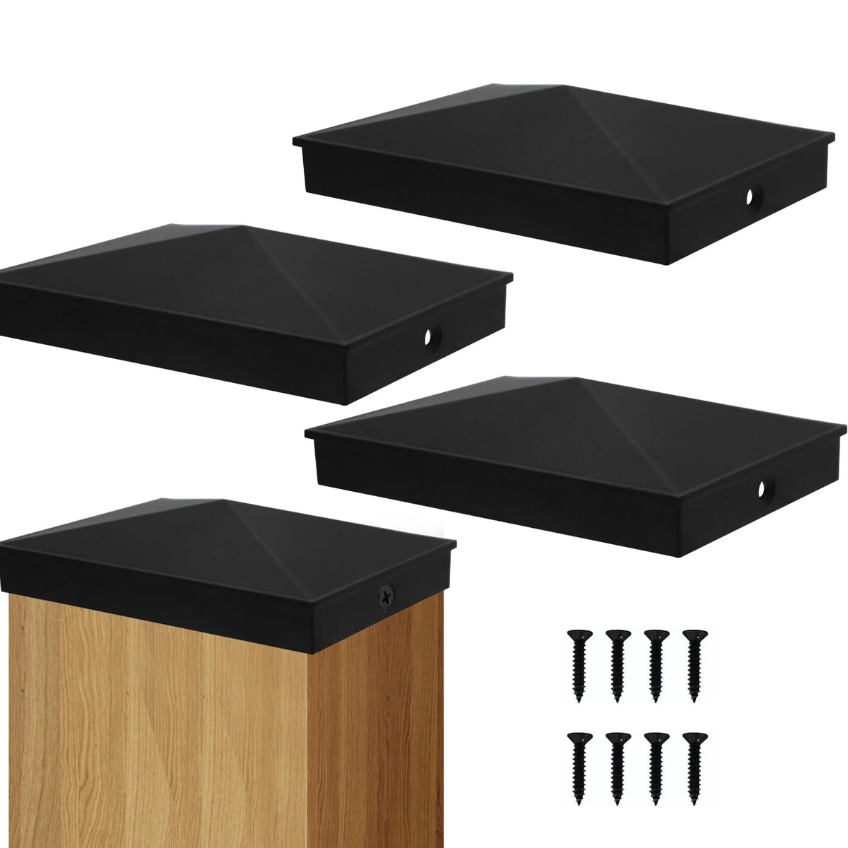 Azdele 4x6 pyramid post cap in matte black for wooden posts, durable weather protection.