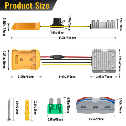 Azocek 12V devices compatible with DeWalt power tools and lights.
