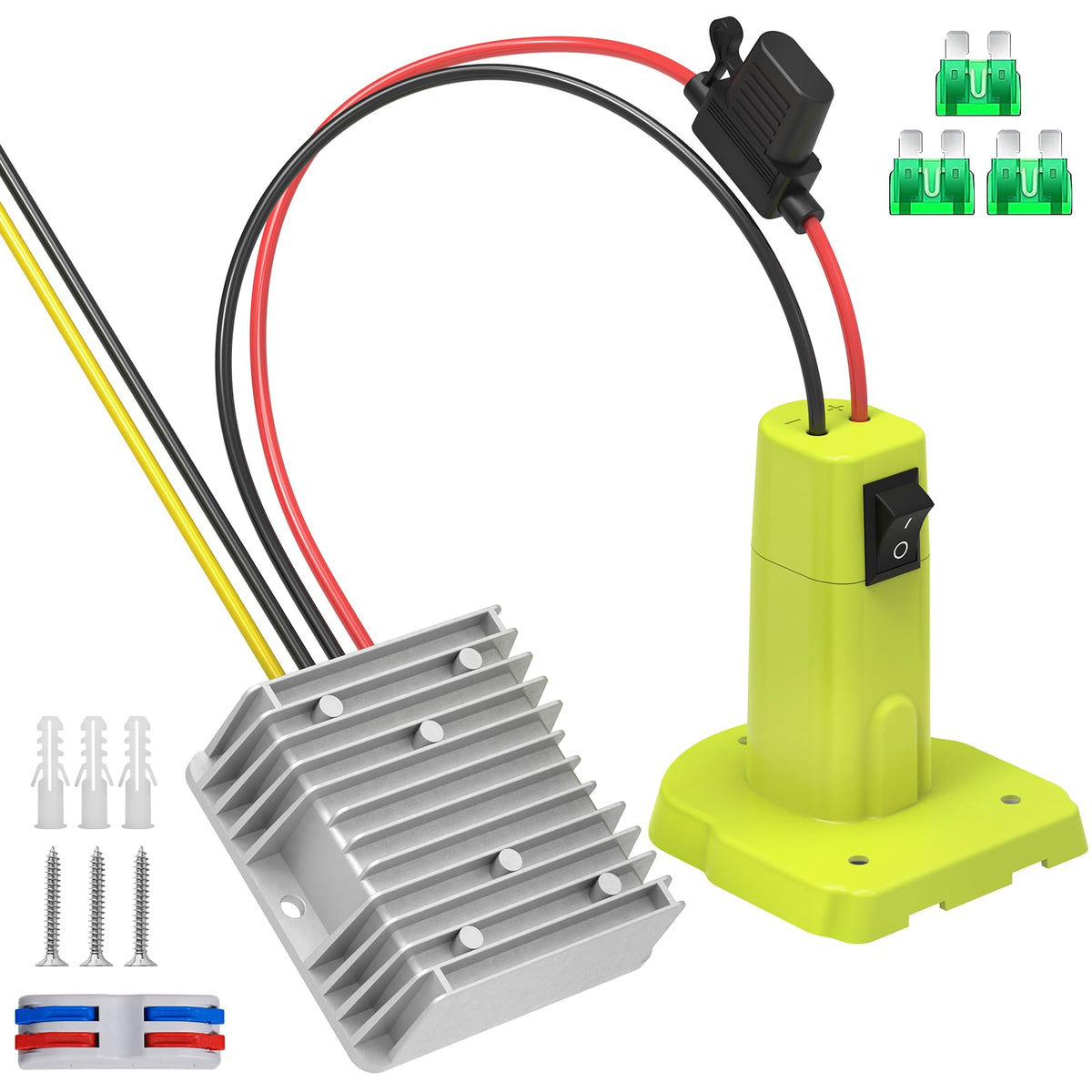 Azocek 18V-12V step-down converter front view for compact on-site power setup.
