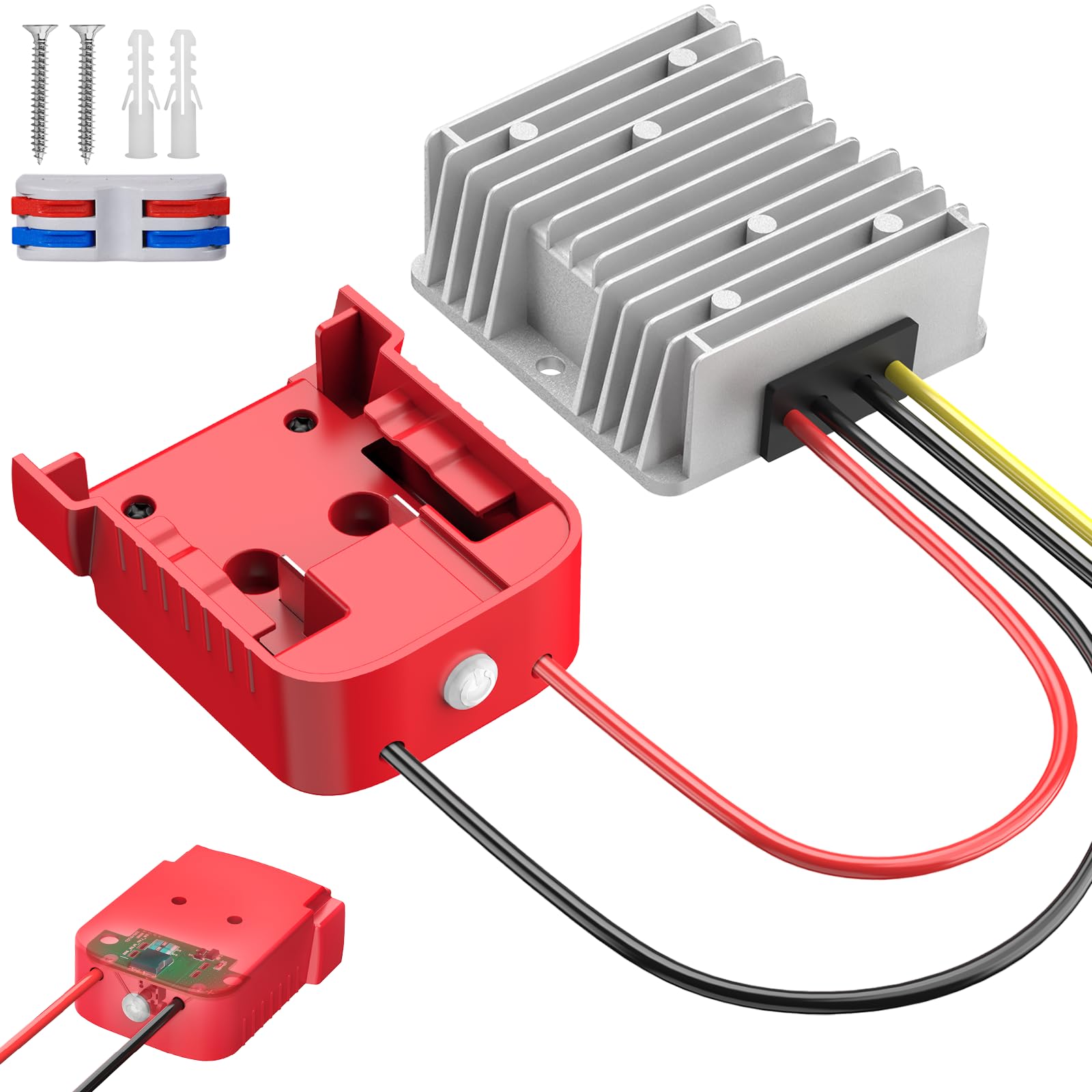 Azocek 18V to 12V step-down converter close-up for Milwaukee batteries with safe power output