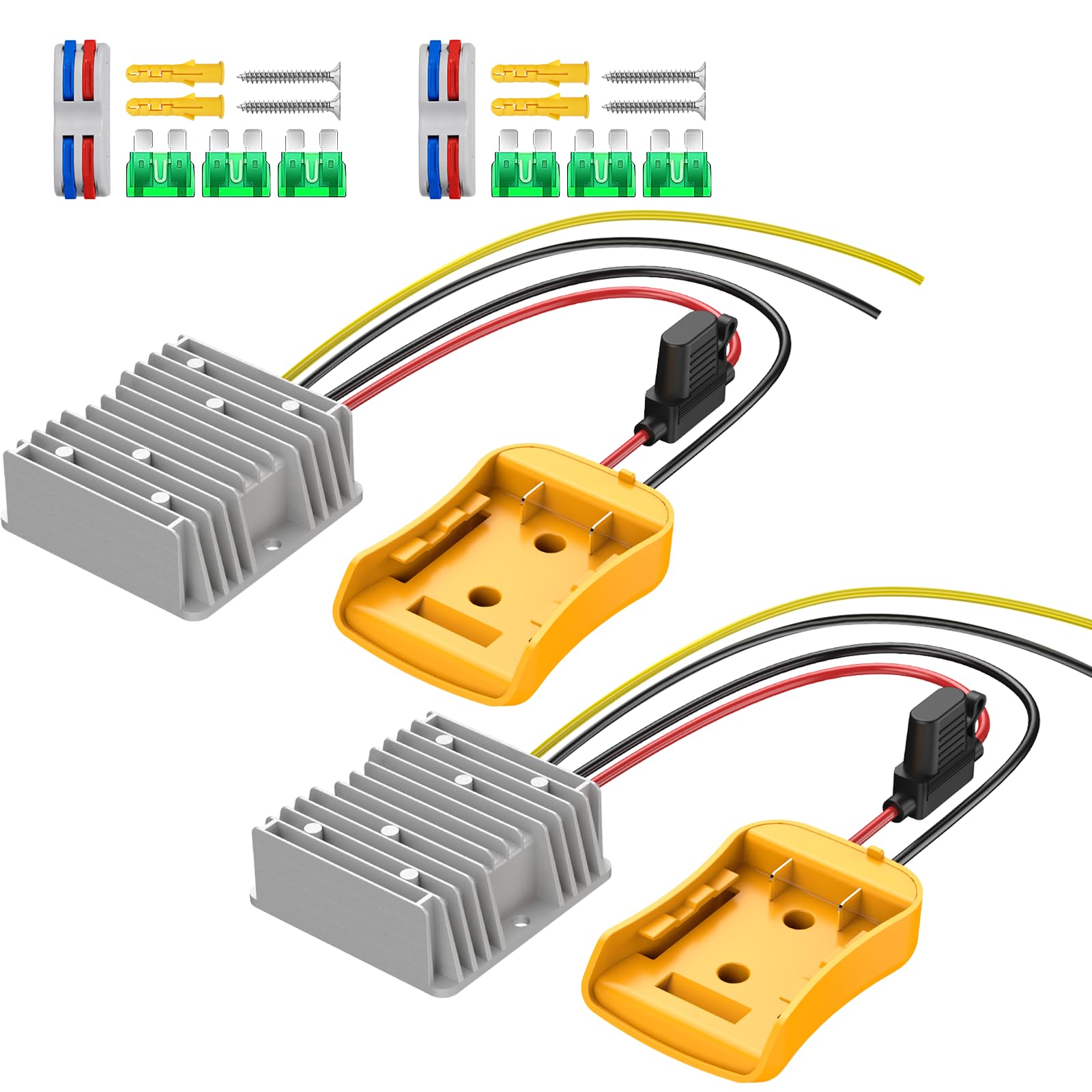 Azocek 2-pack step-down converter ready for DeWalt 20V batteries to power 12V devices.