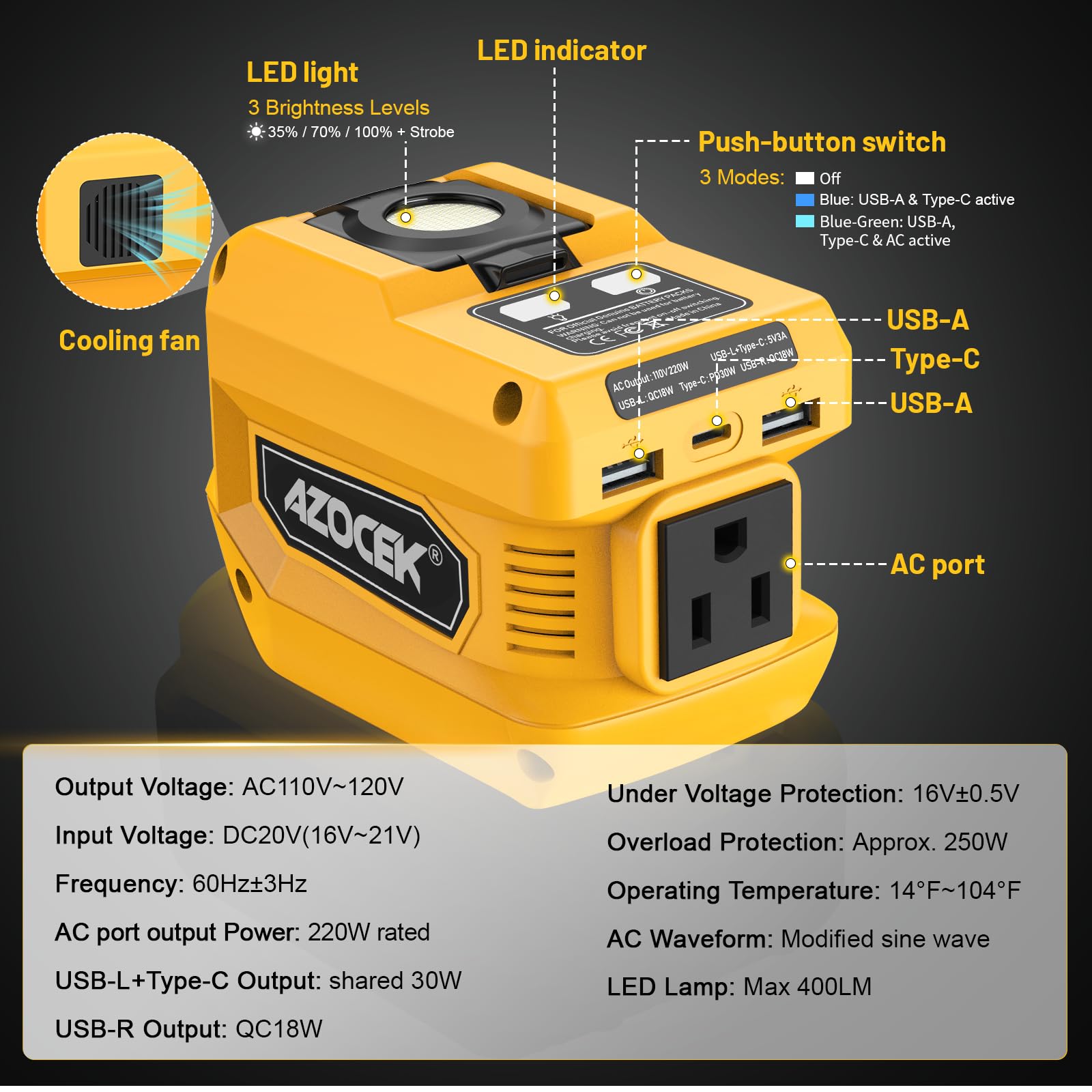 Azocek 20V battery inverter with AC outlet for on-site charging outdoors
