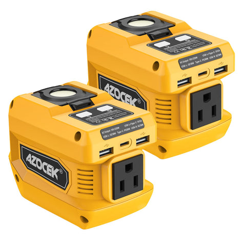 Azocek 220W inverter attached to a DeWalt 20V battery powering devices on the go