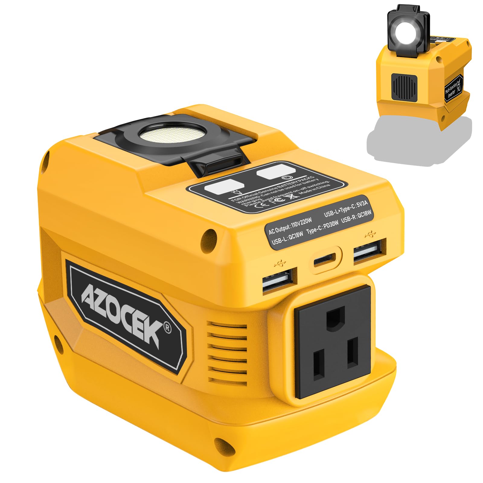 Azocek 220W inverter connected to a DeWalt 20V battery powering a laptop