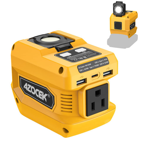 Azocek 220W inverter connected to a DeWalt 20V battery powering a laptop