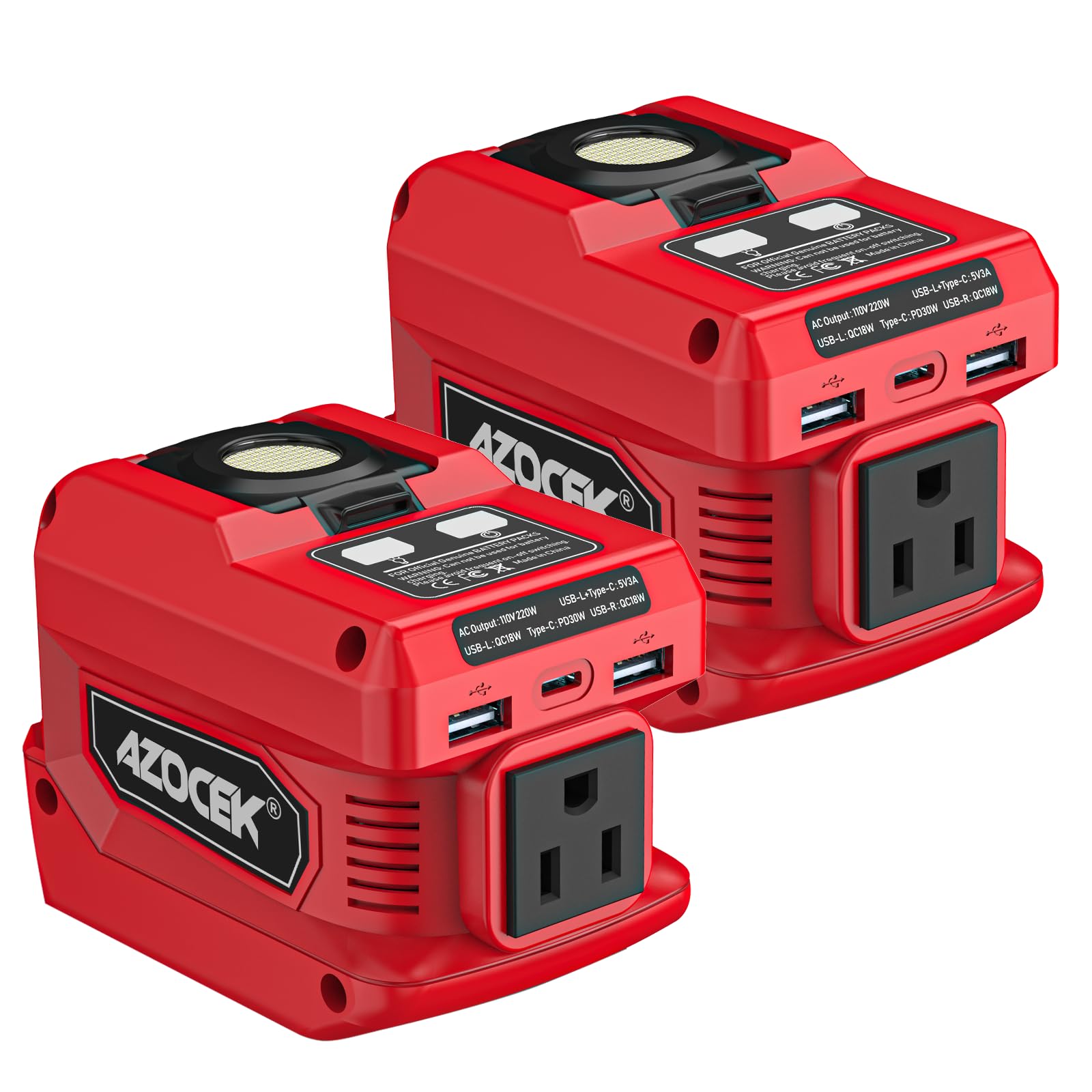 Azocek 220W inverter connected to Milwaukee 18V battery for portable outdoor power.