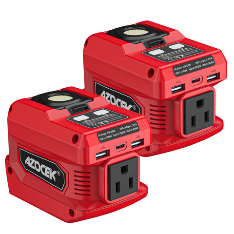 Azocek 220W inverter connected to Milwaukee 18V battery for portable outdoor power.