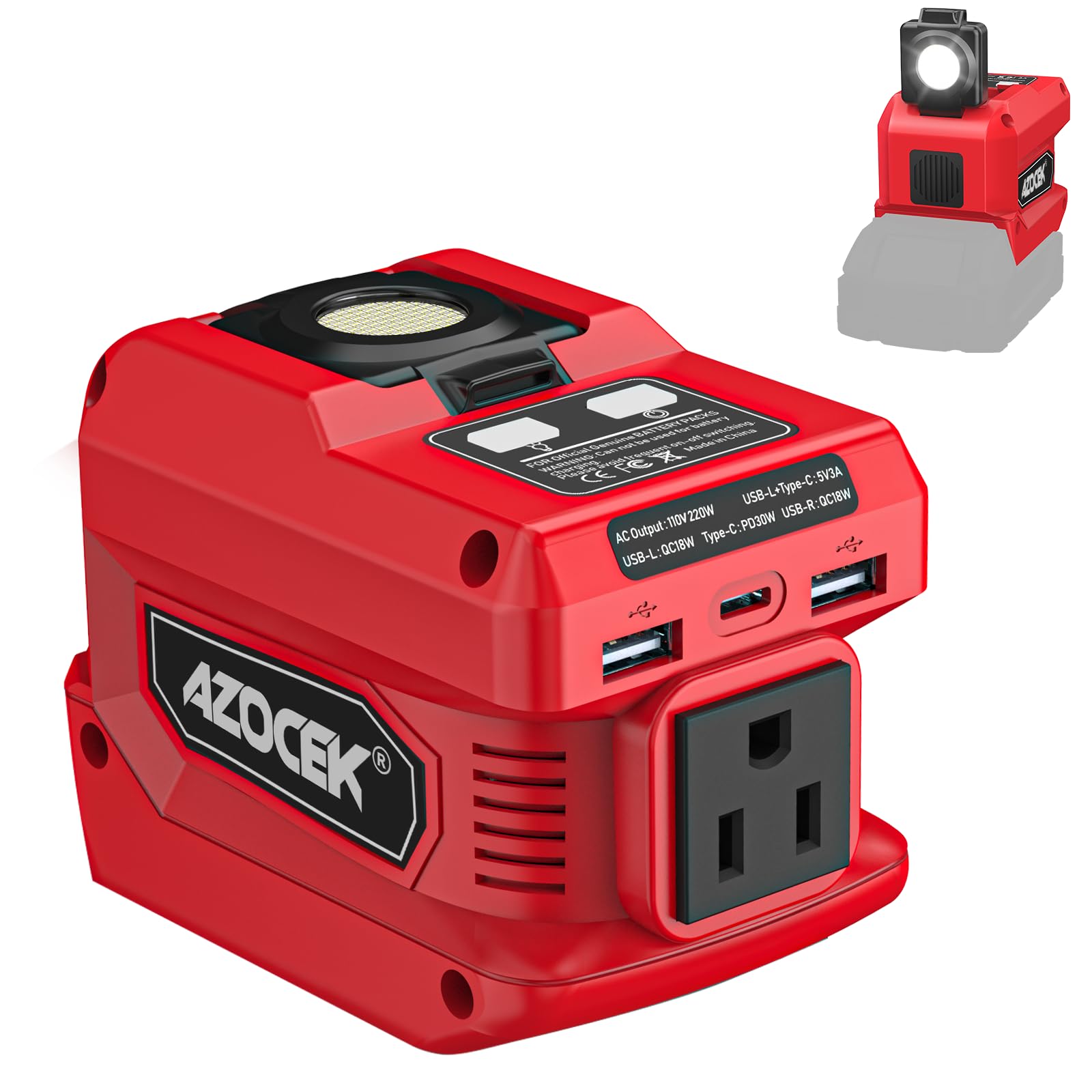 Azocek 220W inverter connected to Milwaukee battery for portable power