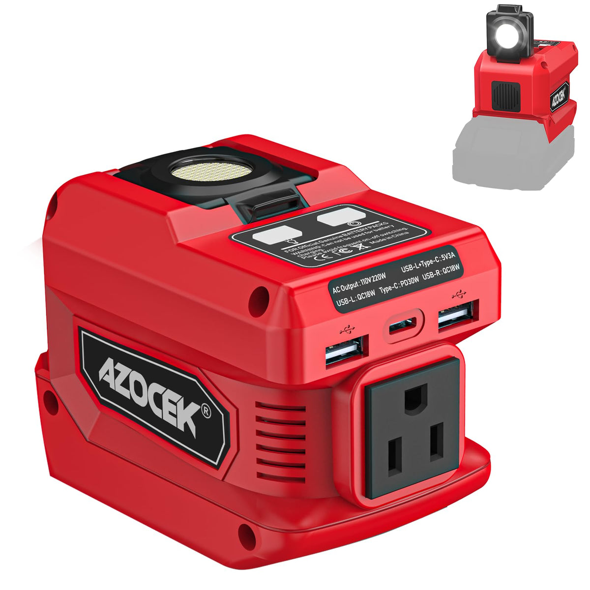 Azocek 220W inverter connected to Milwaukee battery for portable power