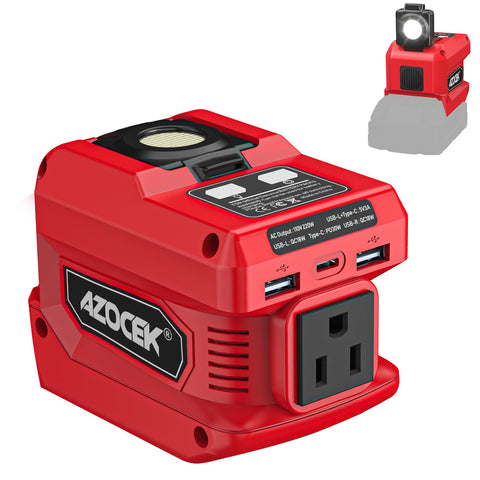 Azocek 220W inverter connected to Milwaukee battery for portable power