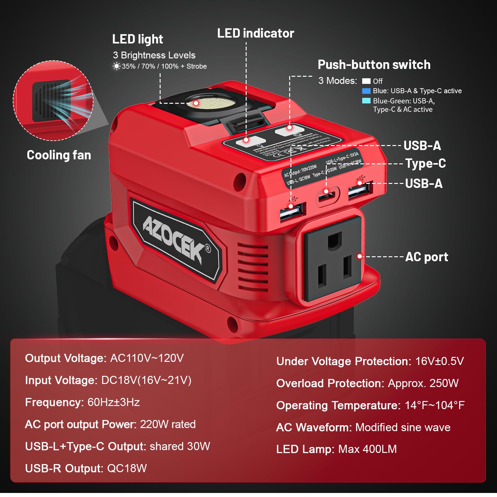 Azocek inverter converts 18V DC to 110-120V AC for device charging.