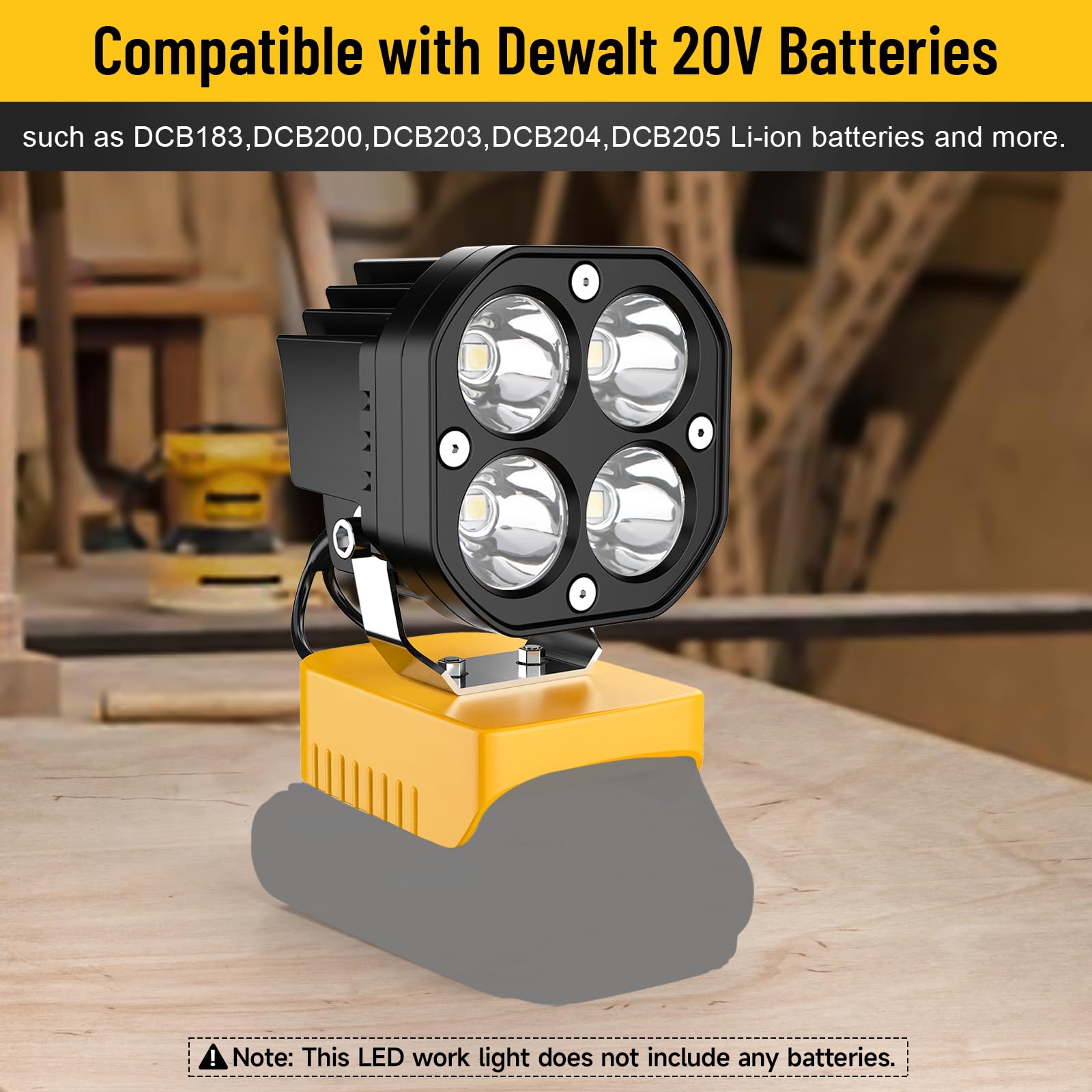 Battery slot accepts Dewalt 18V/20V packs for cordless convenience.