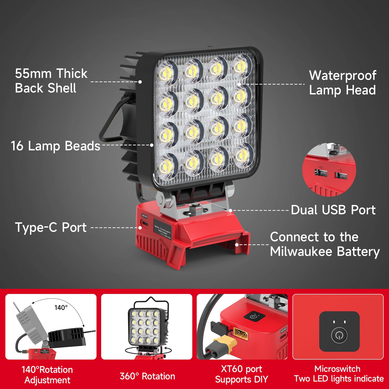 Azocek LED work light with battery-slot shows easy battery integration.