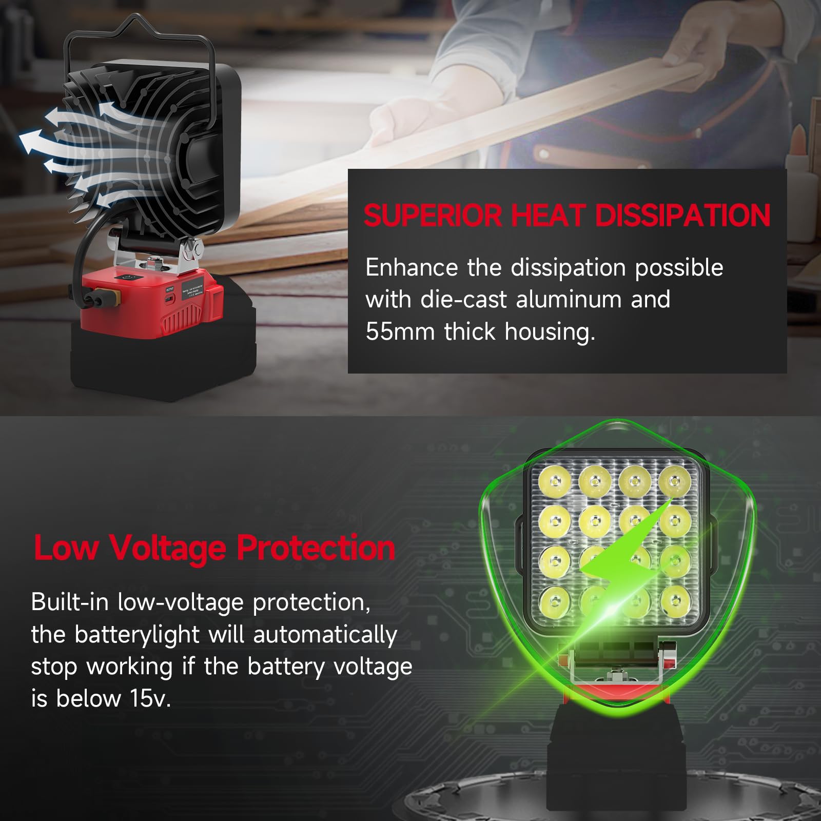 Azocek LED work light dual-usb-type-c enables simultaneous charging.