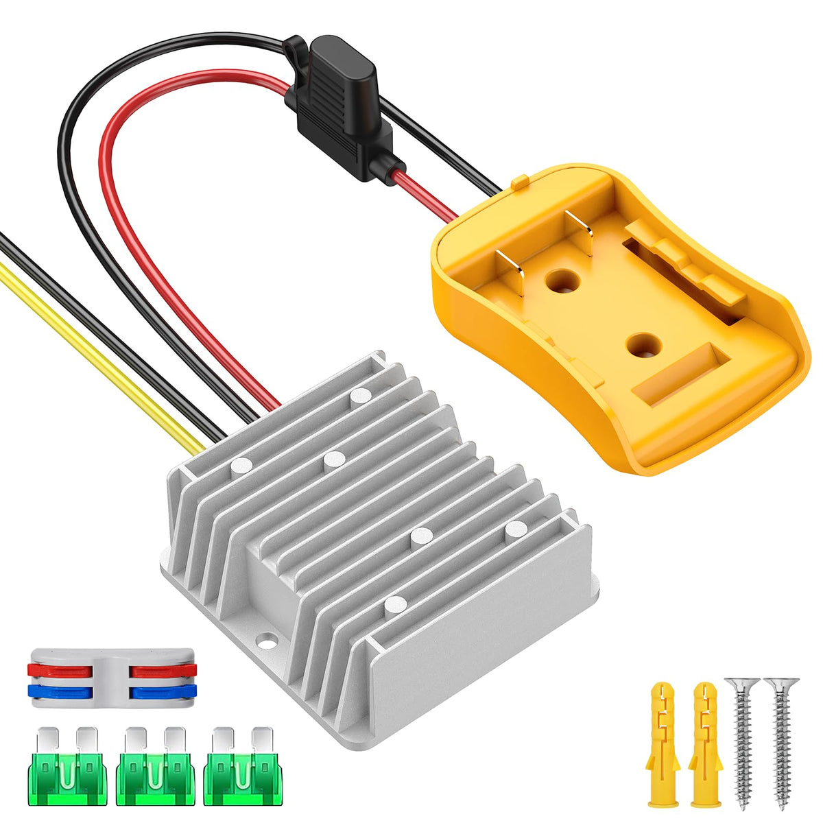 Azocek step-down converter with 30A fuse for safe 12V power from 20V batteries.