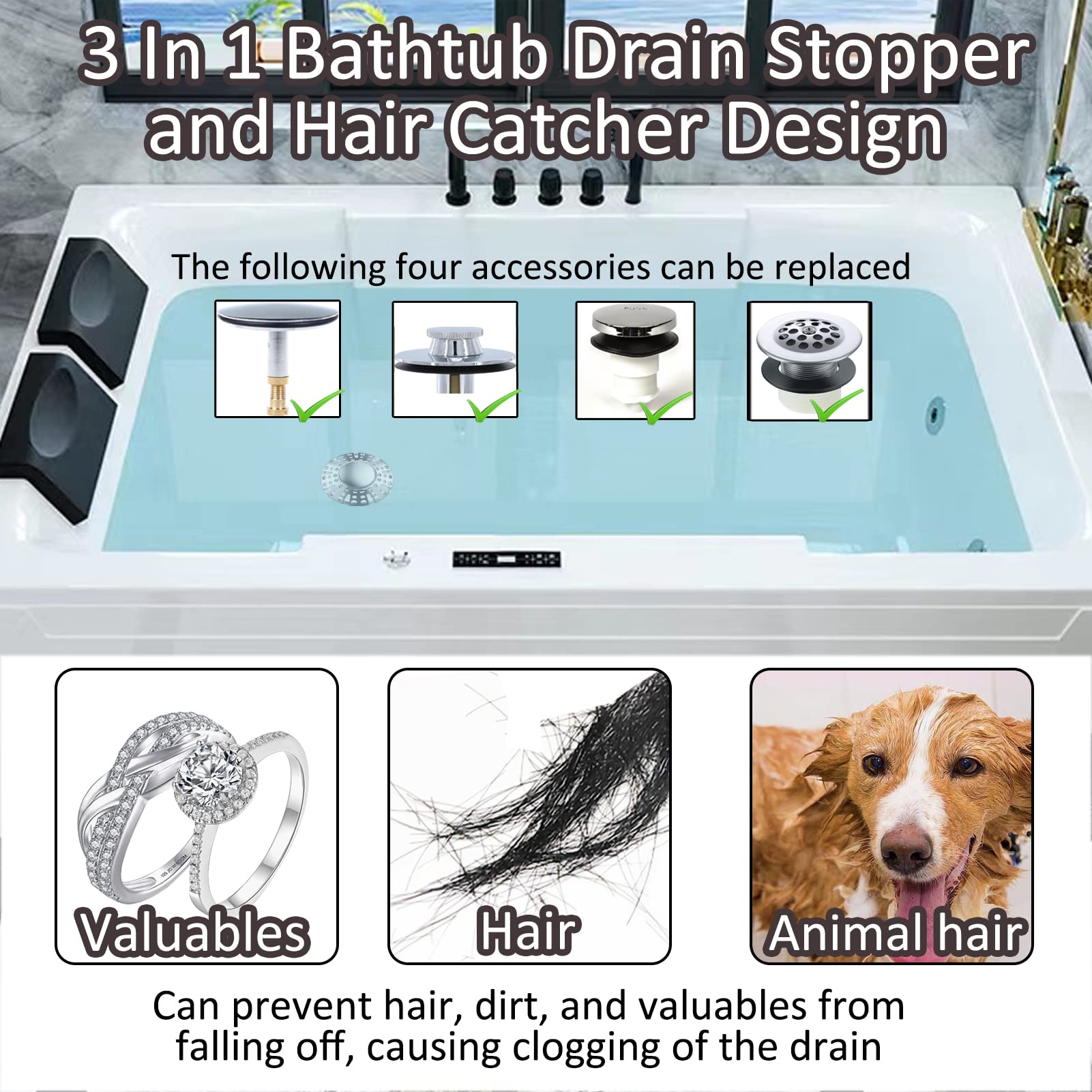 AzWzz pop-up drain hair catcher catching hair to prevent clogs.