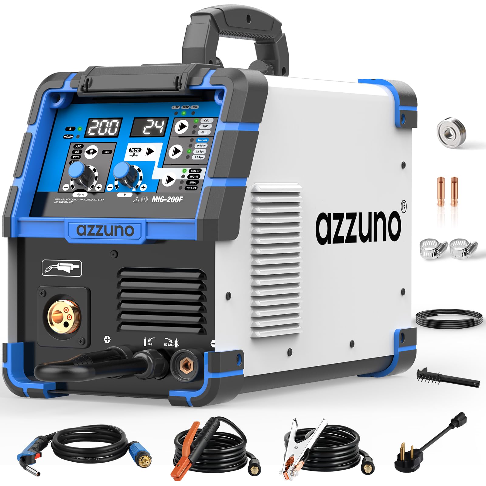 AZZUNO 200A MIG Welder front view highlighting 4-in-1 versatility for home shop use.
