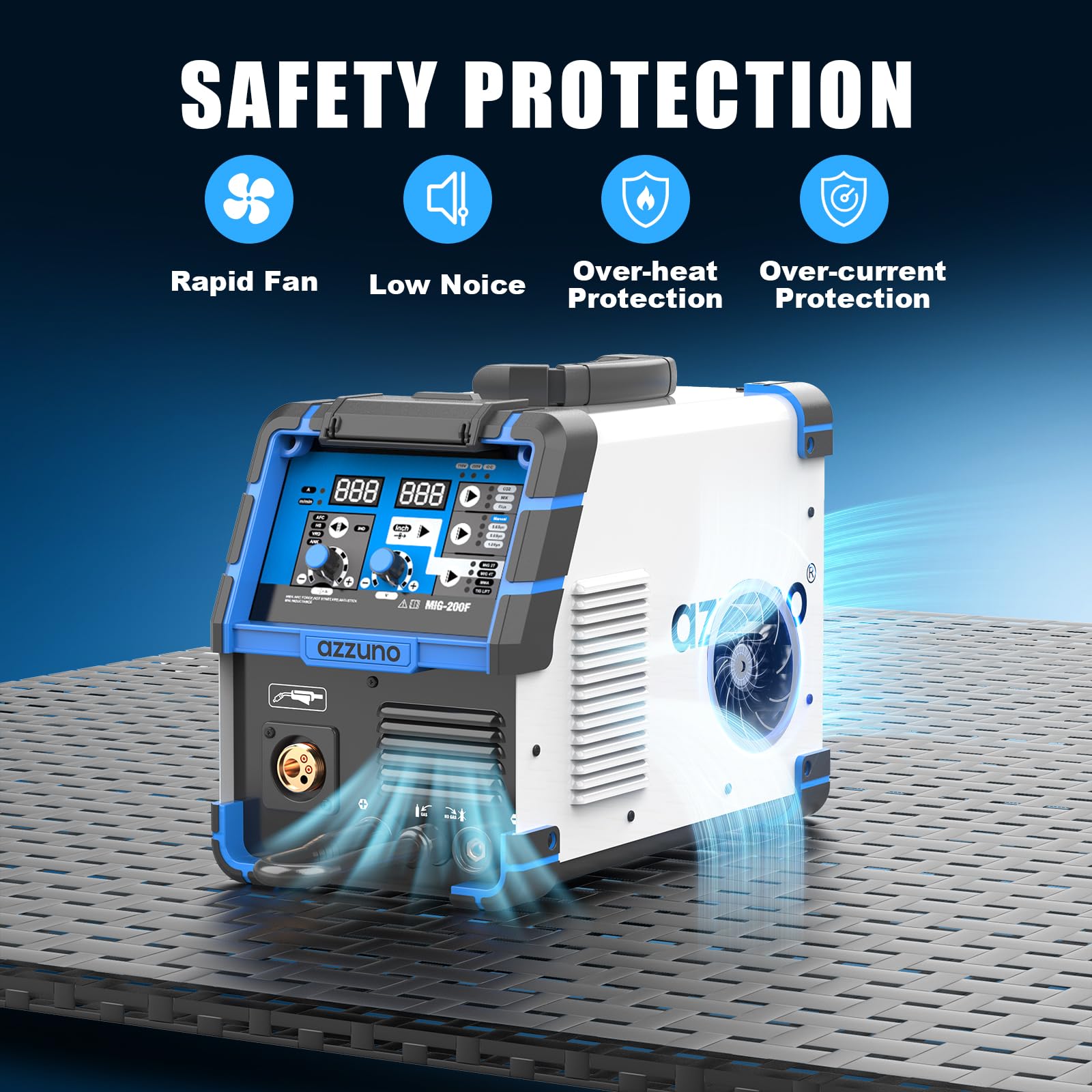 AZZUNO 200A MIG Welder grey chassis with overload protection for safer operation.