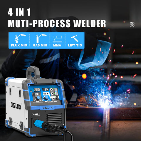AZZUNO 200A MIG Welder side view with dual voltage capability for on-site tasks.