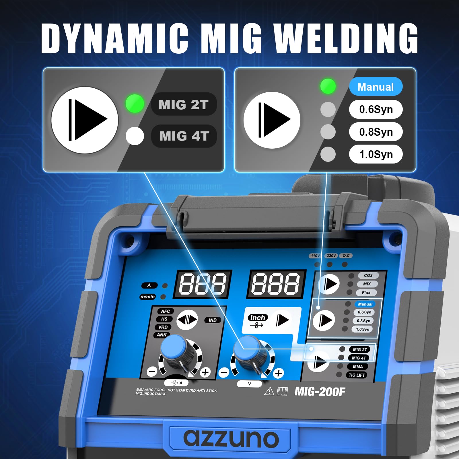 AZZUNO 200A MIG Welder wire-spool area ready for gas or flux MIG.