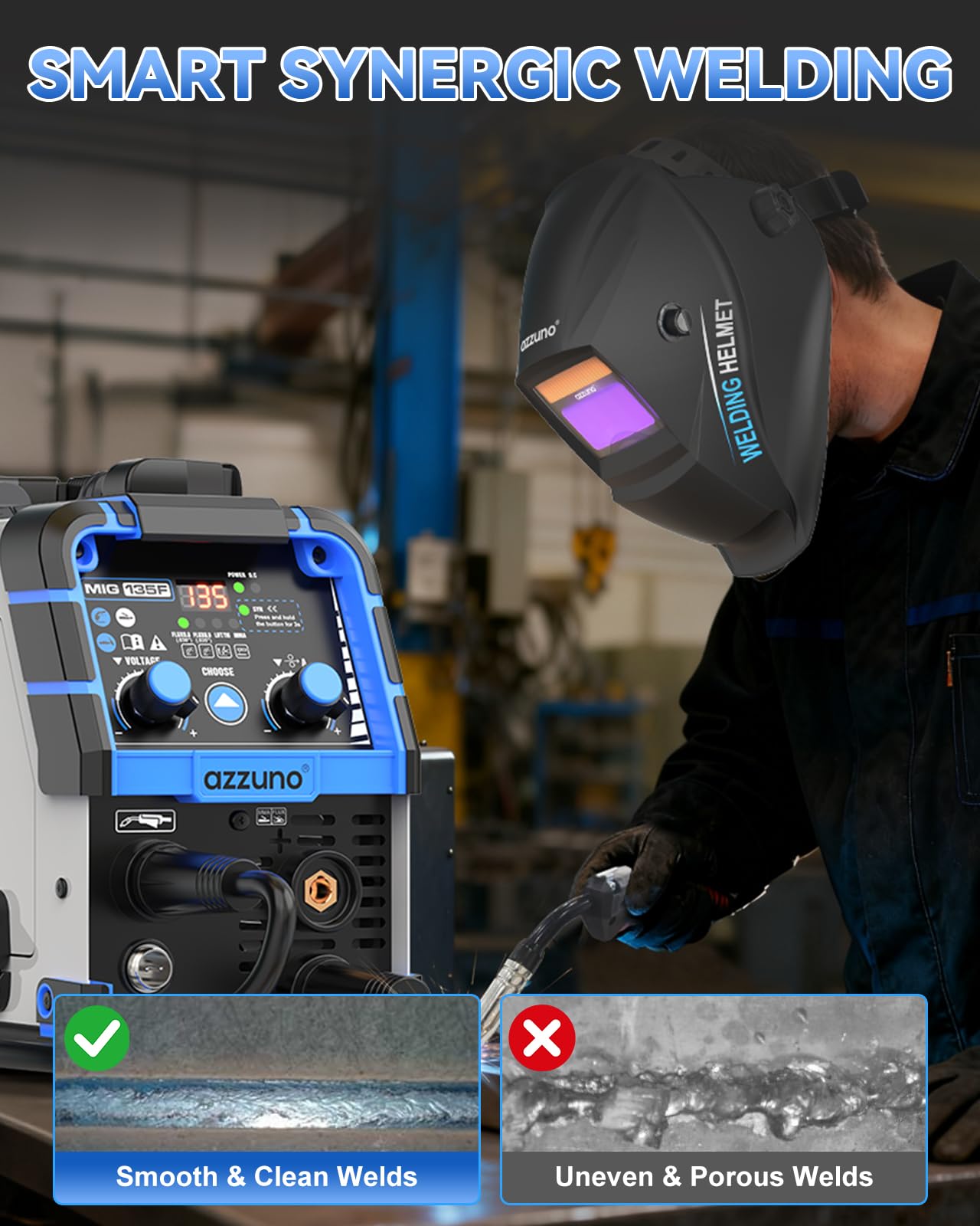 AZZUNO Auto Darkening helmet enables safer, precise welding sessions.