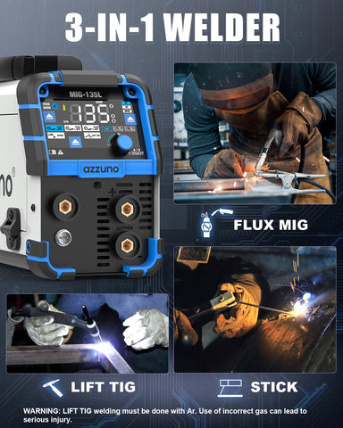AZZUNO MIG-135L LED display shows clear welding parameters