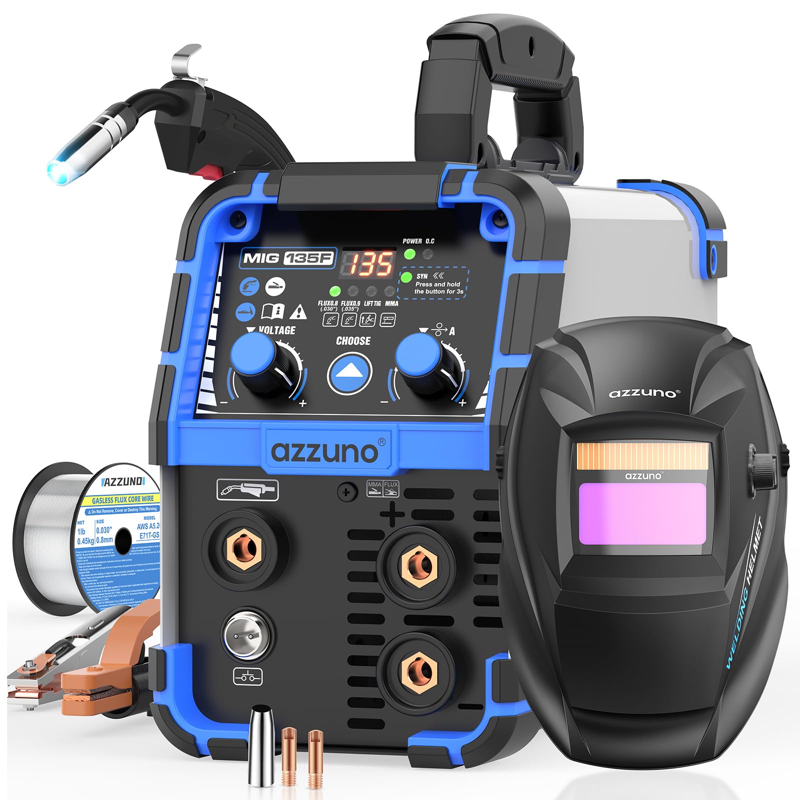 AZZUNO MIG Welder 135A front panel with intuitive controls for quick setup.